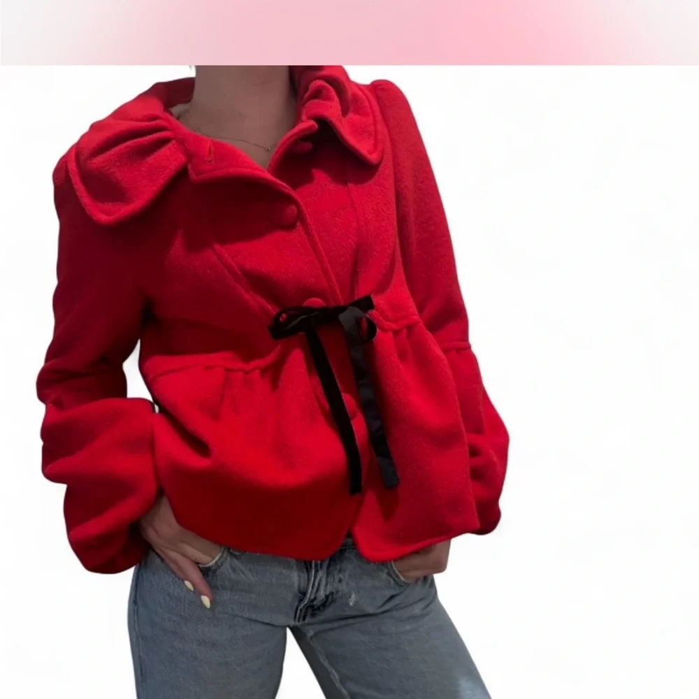 Vintage Red Peplum‎ Coat Jacket Velvet Bow Detail Romantic Statement Size S